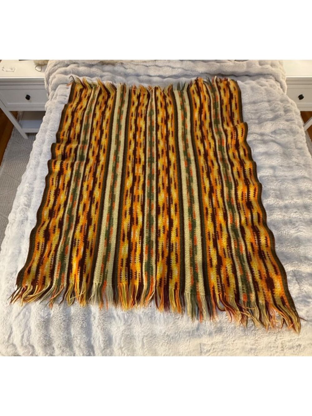 Heavy Vintage Wool Fringe Blanket With Warm-Tone Unique Patterns - 41 x 48"